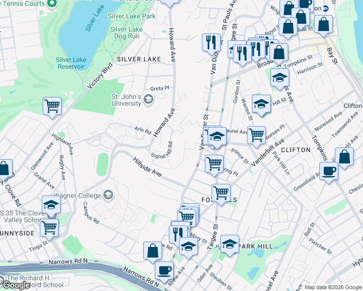 map of restaurants, bars, coffee shops, grocery stores, and more near 22 Woodside Avenue in Staten Island