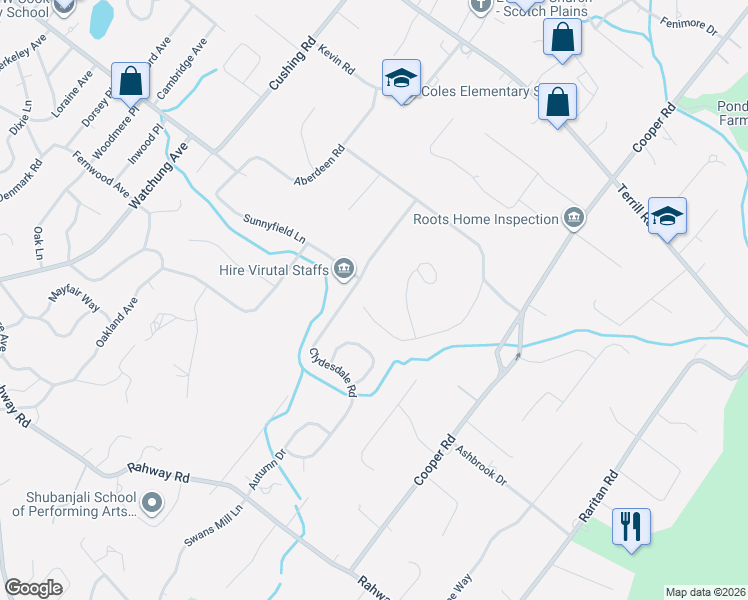 map of restaurants, bars, coffee shops, grocery stores, and more near 54 Highlander Drive in Scotch Plains