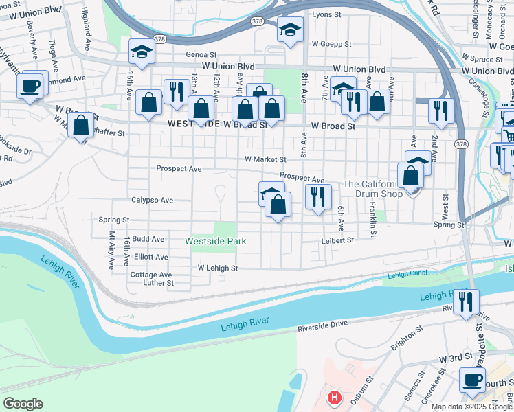 map of restaurants, bars, coffee shops, grocery stores, and more near 1103 Calypso Avenue in Bethlehem