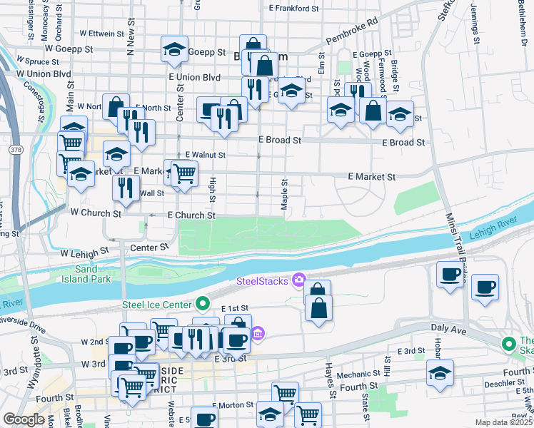 map of restaurants, bars, coffee shops, grocery stores, and more near 311 East Church Street in Bethlehem