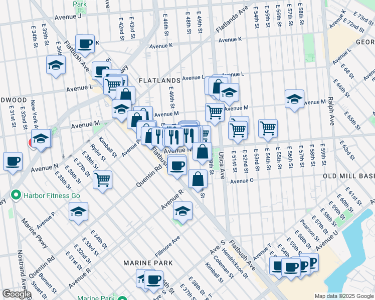 map of restaurants, bars, coffee shops, grocery stores, and more near Schenectady Avenue & Avenue N in Brooklyn