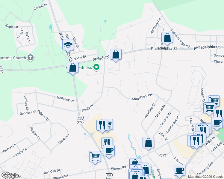 map of restaurants, bars, coffee shops, grocery stores, and more near 101 Adams Circle in Indiana