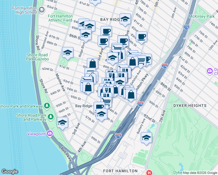 map of restaurants, bars, coffee shops, grocery stores, and more near 9115 5th Avenue in Brooklyn