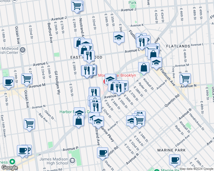 map of restaurants, bars, coffee shops, grocery stores, and more near 3201 Kings Highway in Brooklyn