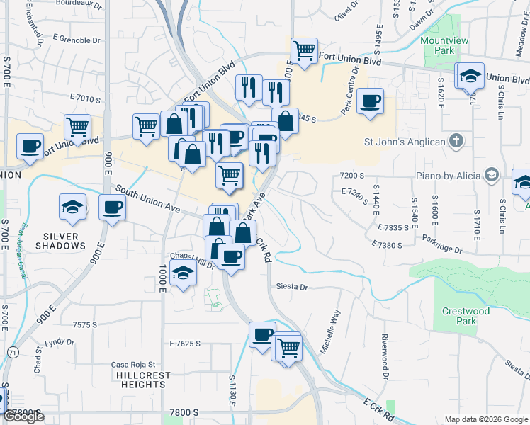 map of restaurants, bars, coffee shops, grocery stores, and more near 1196 East Waterside Cove in Cottonwood Heights