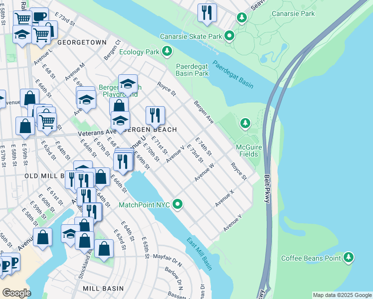 map of restaurants, bars, coffee shops, grocery stores, and more near 2229 East 73rd Street in Brooklyn