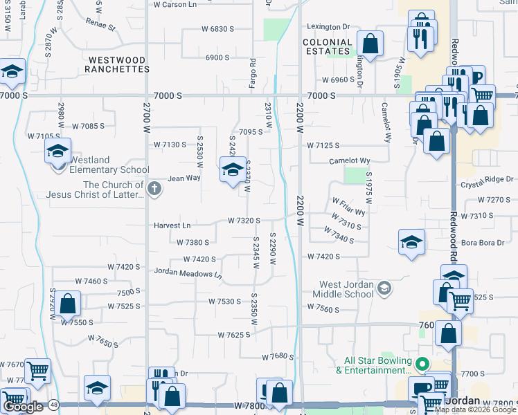 map of restaurants, bars, coffee shops, grocery stores, and more near 2329 Henry Alice Court in West Jordan