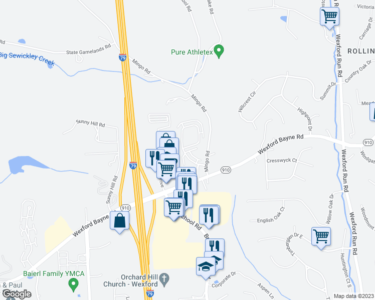 map of restaurants, bars, coffee shops, grocery stores, and more near 423 Marshall Heights Drive in Wexford
