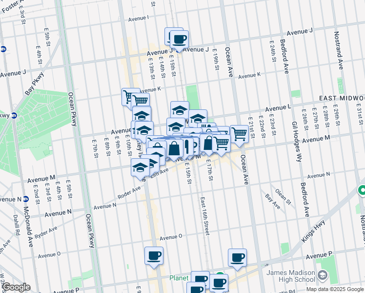 map of restaurants, bars, coffee shops, grocery stores, and more near 1277 East 14th Street in Brooklyn