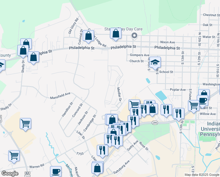 map of restaurants, bars, coffee shops, grocery stores, and more near Grove Lane in Indiana