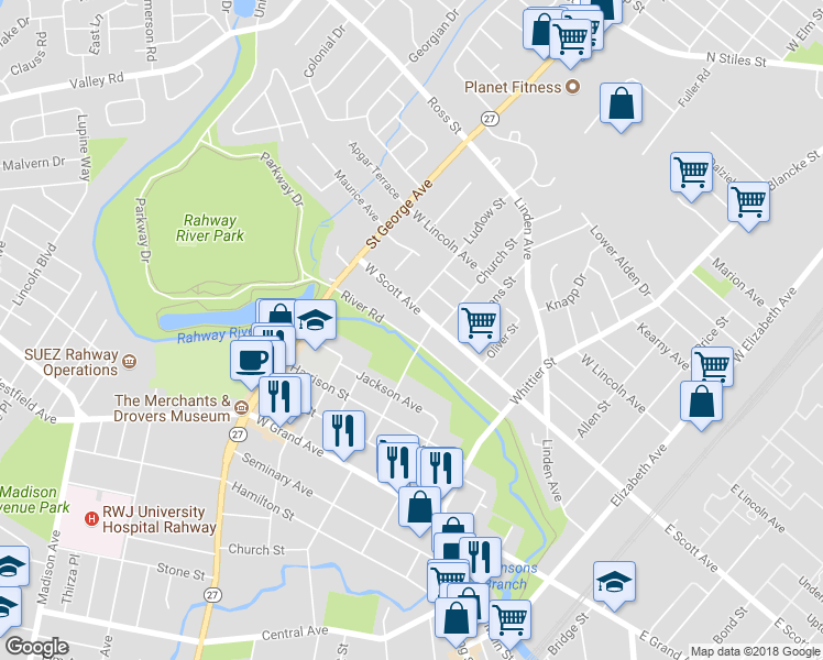map of restaurants, bars, coffee shops, grocery stores, and more near 649 River Road in Rahway
