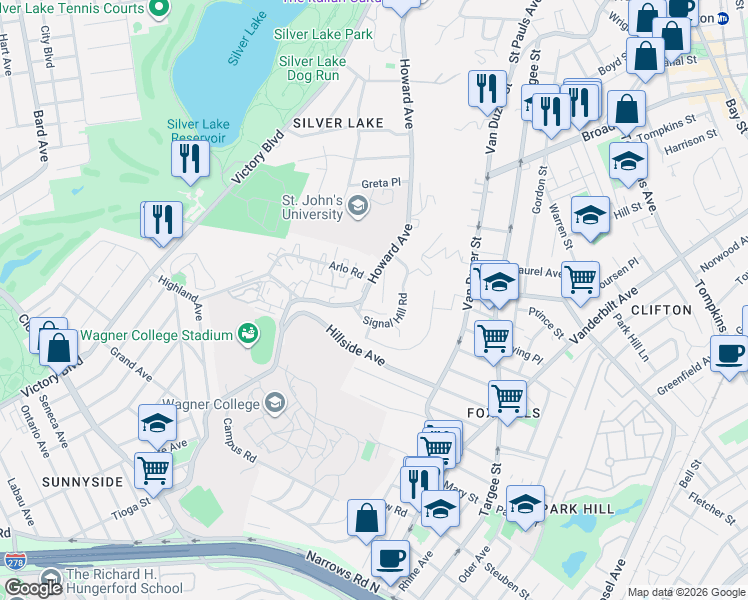 map of restaurants, bars, coffee shops, grocery stores, and more near 47 Claire Court in Staten Island