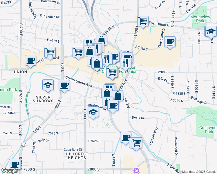 map of restaurants, bars, coffee shops, grocery stores, and more near 7293 South 1105 East in Midvale