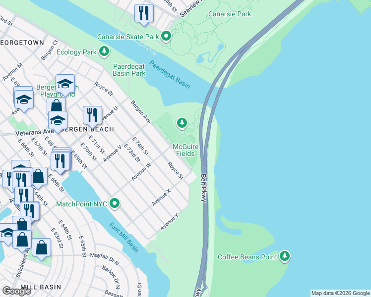 map of restaurants, bars, coffee shops, grocery stores, and more near Bergen Avenue in Brooklyn