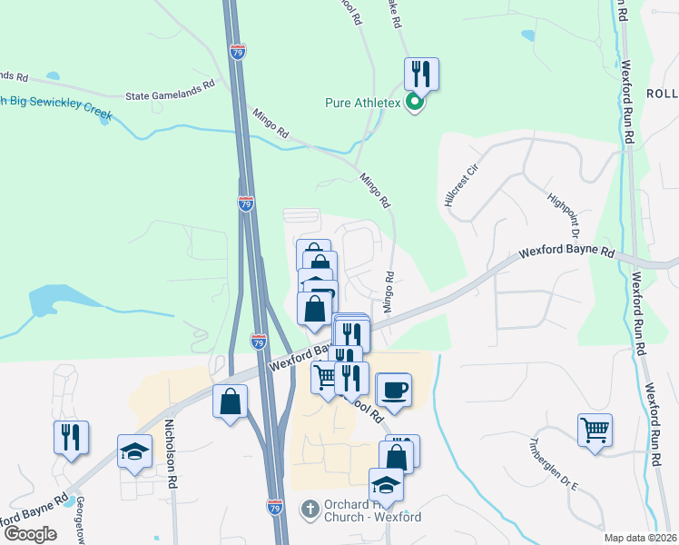 map of restaurants, bars, coffee shops, grocery stores, and more near 315 Marshall Heights Drive in Wexford