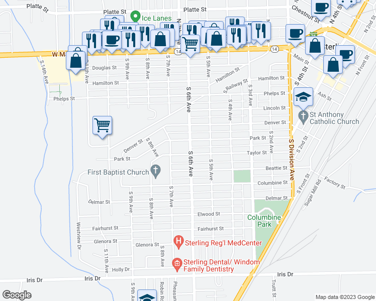 map of restaurants, bars, coffee shops, grocery stores, and more near 525 Taylor Street in Sterling