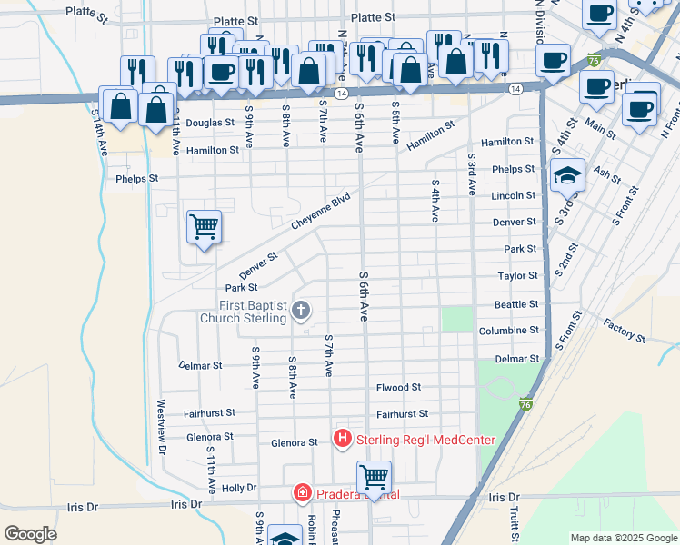 map of restaurants, bars, coffee shops, grocery stores, and more near 619 Taylor Street in Sterling