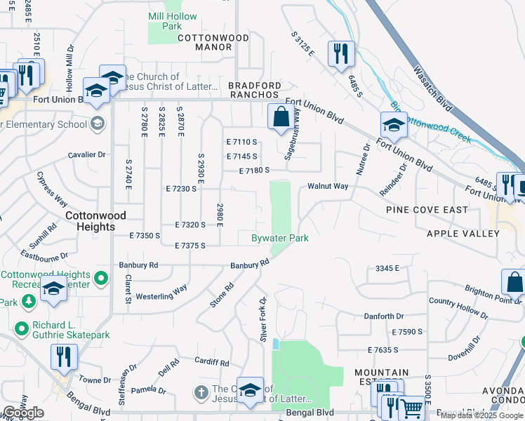 map of restaurants, bars, coffee shops, grocery stores, and more near 3133 Banbury Road in Cottonwood Heights