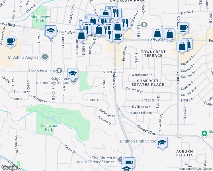 map of restaurants, bars, coffee shops, grocery stores, and more near 7307 South 1950 East in Cottonwood Heights