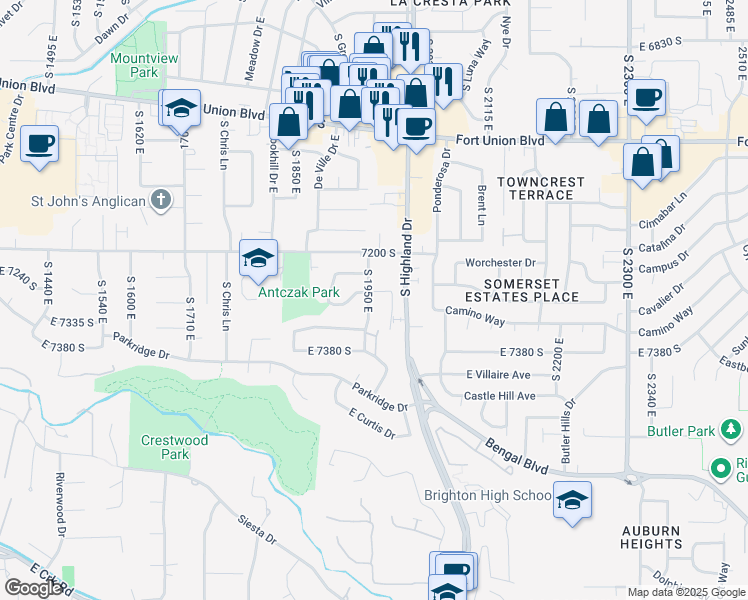map of restaurants, bars, coffee shops, grocery stores, and more near 7307 South 1950 East in Cottonwood Heights