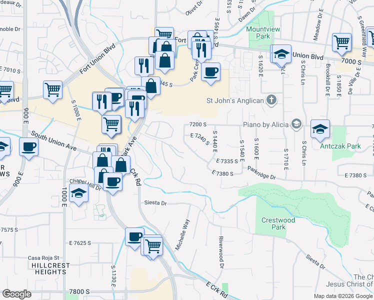 map of restaurants, bars, coffee shops, grocery stores, and more near 1358 East McCormick Way in Cottonwood Heights