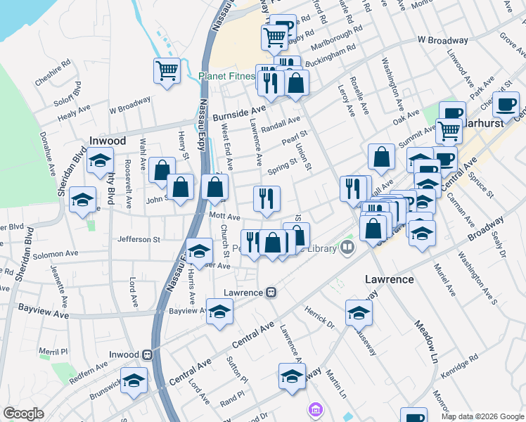 map of restaurants, bars, coffee shops, grocery stores, and more near 204 Mott Avenue in Lawrence