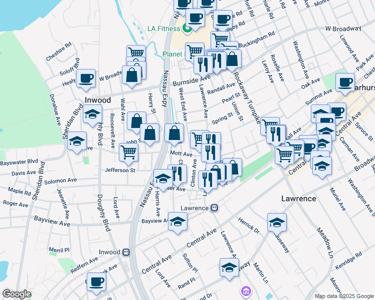 map of restaurants, bars, coffee shops, grocery stores, and more near 36B Mott Avenue in Inwood