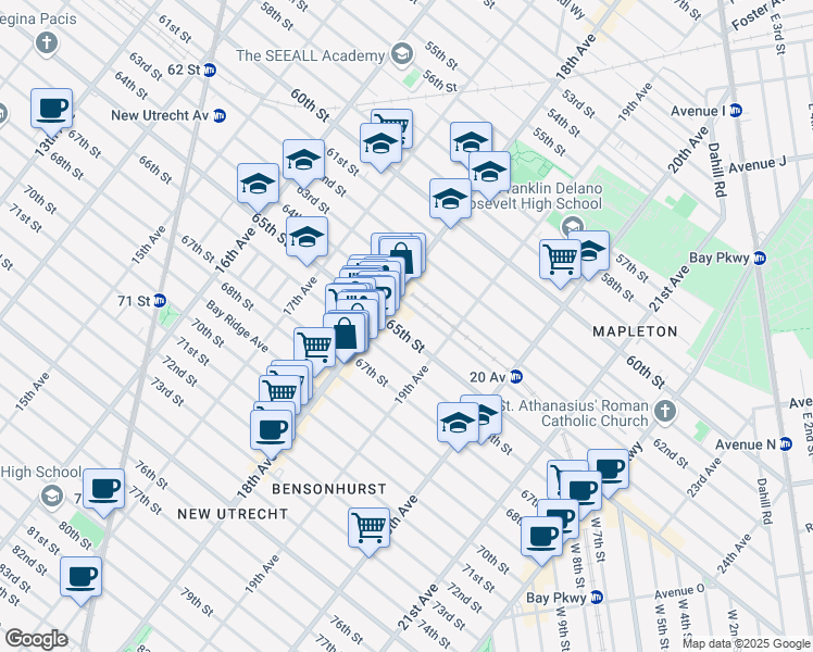 map of restaurants, bars, coffee shops, grocery stores, and more near 1843 65th Street in Brooklyn