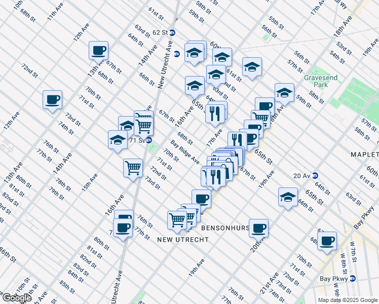 map of restaurants, bars, coffee shops, grocery stores, and more near 6820 17th Avenue in Brooklyn