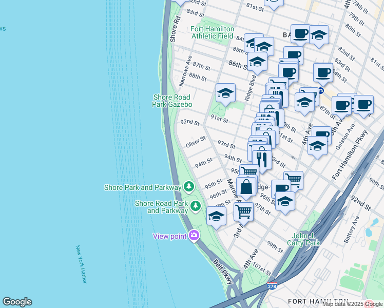 map of restaurants, bars, coffee shops, grocery stores, and more near 26 93rd Street in Brooklyn