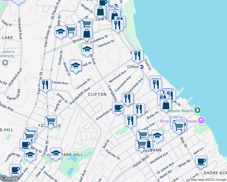 map of restaurants, bars, coffee shops, grocery stores, and more near 244 Tompkins Avenue in Staten Island