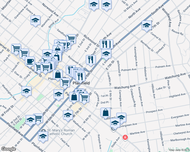 map of restaurants, bars, coffee shops, grocery stores, and more near 604-06 Roosevelt Avenue in Plainfield