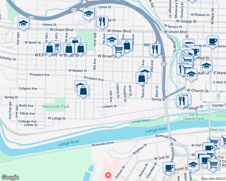 map of restaurants, bars, coffee shops, grocery stores, and more near 319 6th Avenue in Bethlehem