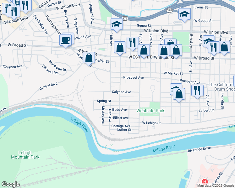 map of restaurants, bars, coffee shops, grocery stores, and more near 1608 Spring Street in Bethlehem