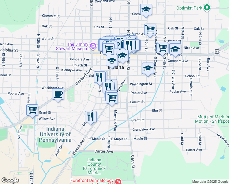 map of restaurants, bars, coffee shops, grocery stores, and more near 2 Park Place in Indiana