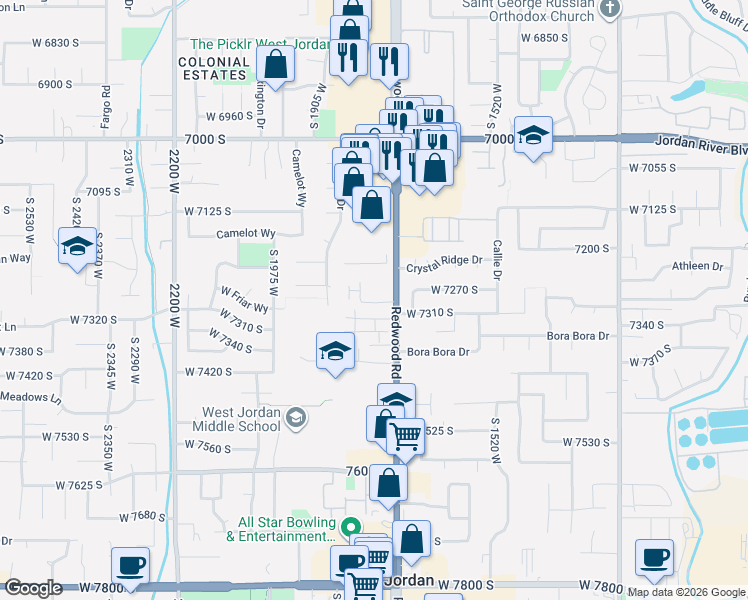 map of restaurants, bars, coffee shops, grocery stores, and more near 1718 West Trey Way in West Jordan