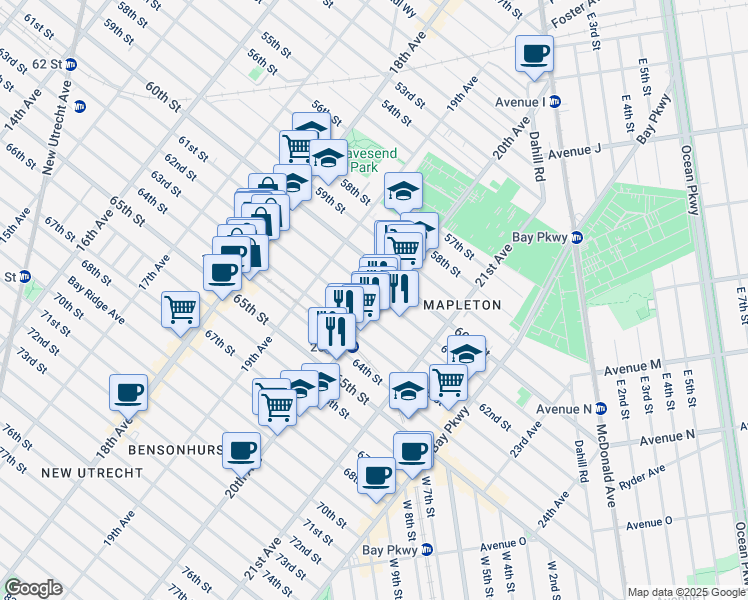 map of restaurants, bars, coffee shops, grocery stores, and more near 1971 62nd Street in Brooklyn