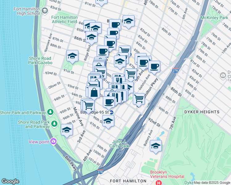 map of restaurants, bars, coffee shops, grocery stores, and more near 368 92nd Street in Brooklyn
