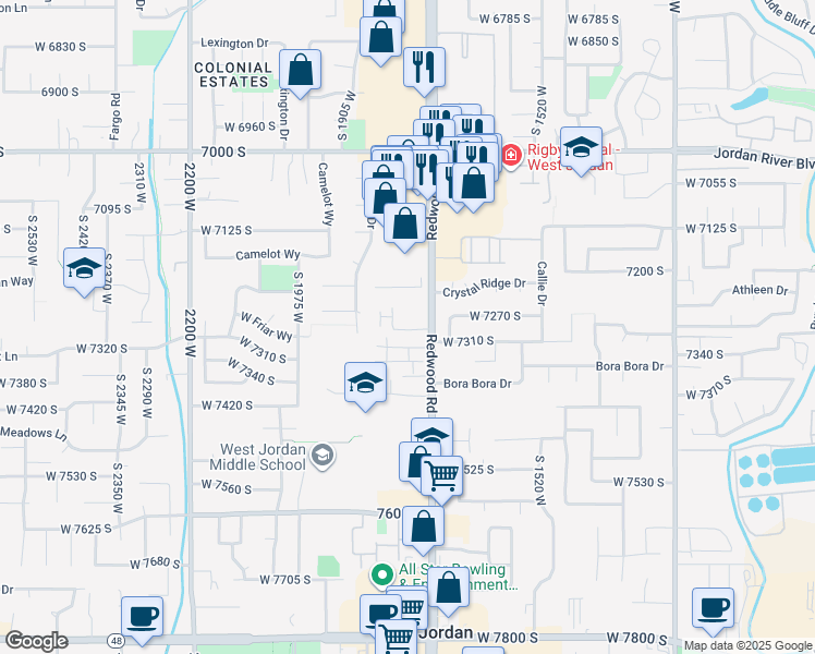 map of restaurants, bars, coffee shops, grocery stores, and more near 1718 West Trey Way in West Jordan