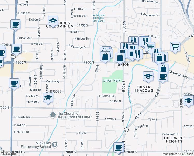 map of restaurants, bars, coffee shops, grocery stores, and more near 7299 South 525 East in Midvale