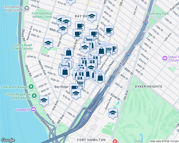map of restaurants, bars, coffee shops, grocery stores, and more near 9115 5th Avenue in Brooklyn