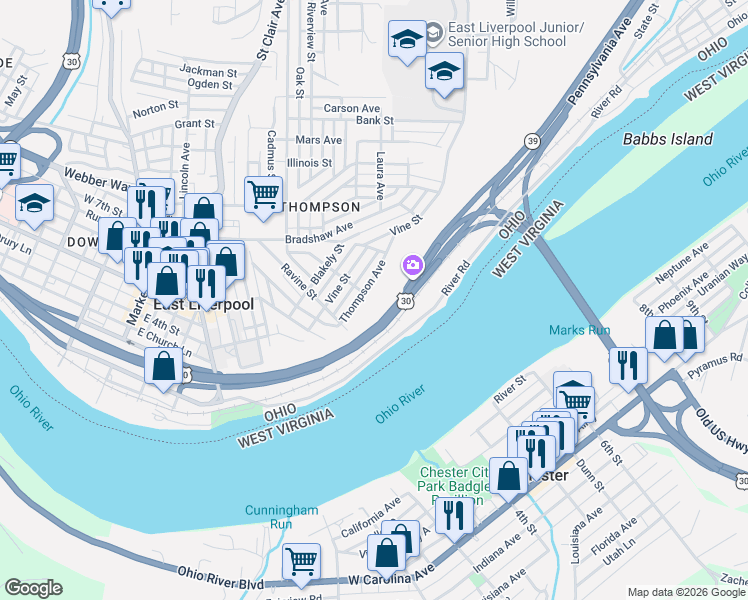 map of restaurants, bars, coffee shops, grocery stores, and more near 330 Thompson Avenue in East Liverpool