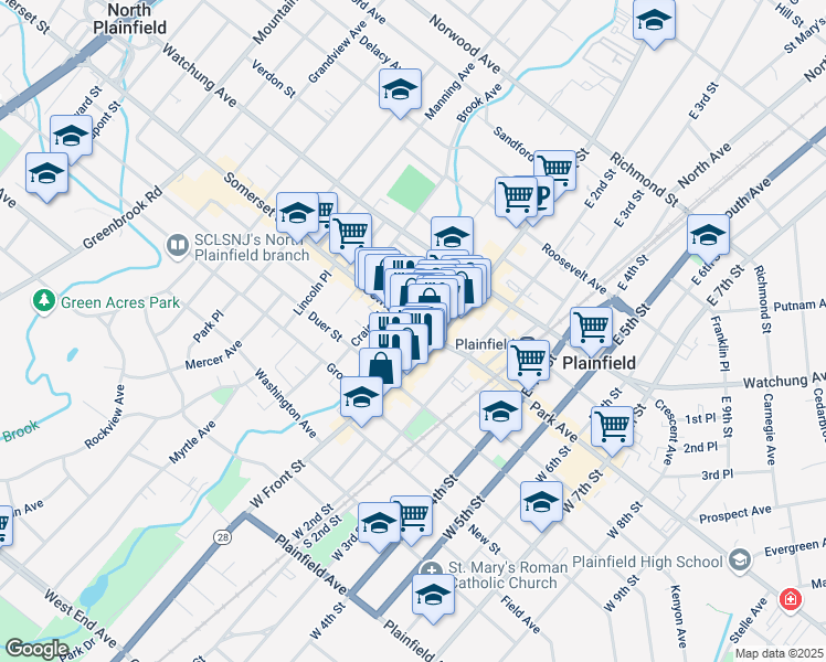 map of restaurants, bars, coffee shops, grocery stores, and more near 18-24 Madison Avenue in Plainfield