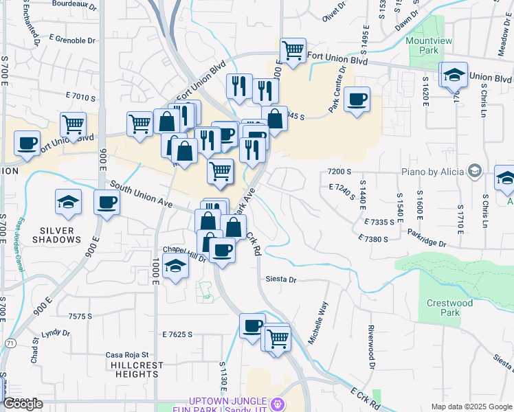 map of restaurants, bars, coffee shops, grocery stores, and more near 1196 East Waterside Cove in Cottonwood Heights