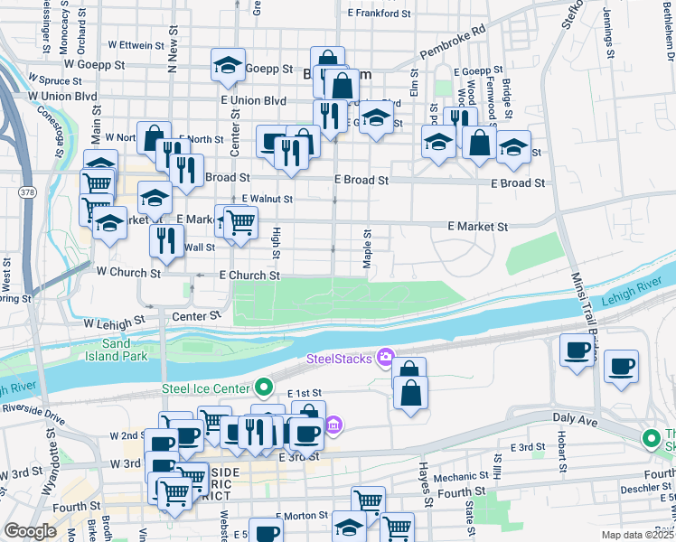 map of restaurants, bars, coffee shops, grocery stores, and more near 402 Linden Street in Bethlehem
