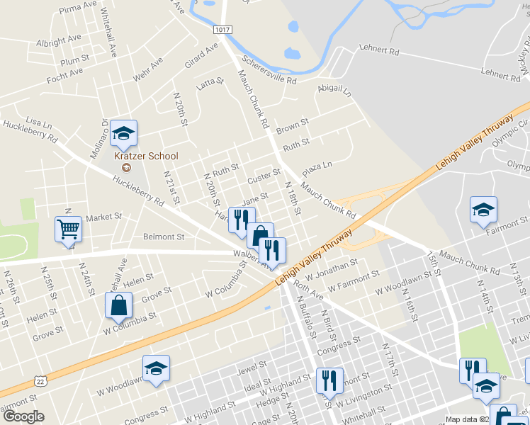 map of restaurants, bars, coffee shops, grocery stores, and more near 1531 North 19th Street in Allentown