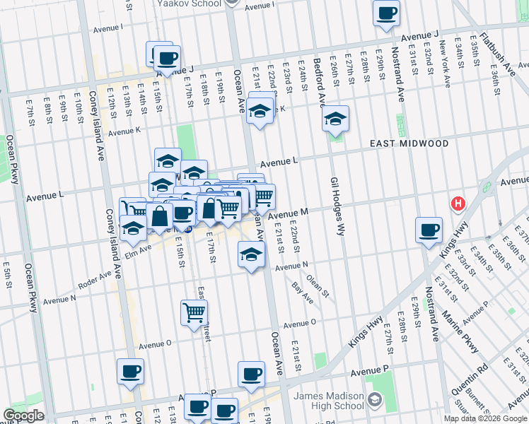 map of restaurants, bars, coffee shops, grocery stores, and more near 2010 Avenue M in Brooklyn