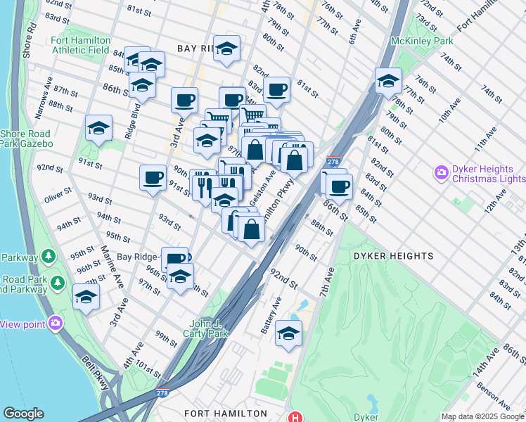 map of restaurants, bars, coffee shops, grocery stores, and more near 8834 Fort Hamilton Parkway in Brooklyn