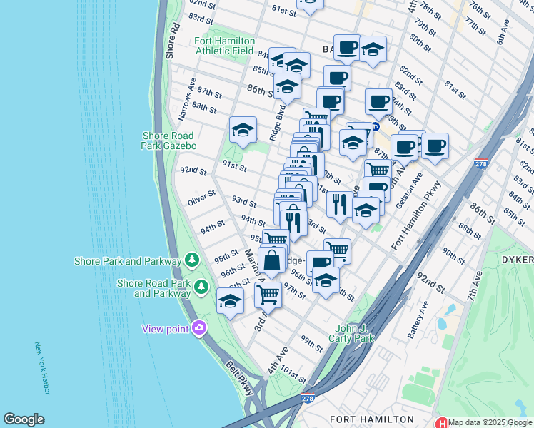 map of restaurants, bars, coffee shops, grocery stores, and more near 209 94th Street in Brooklyn