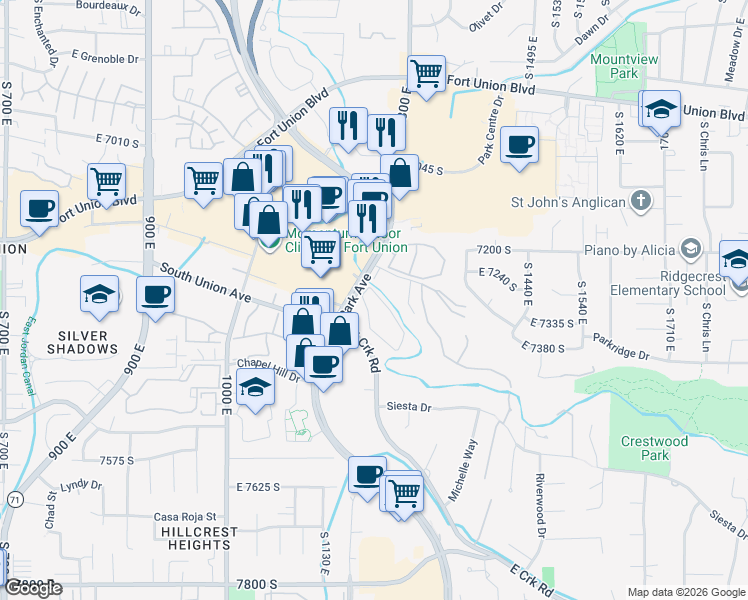 map of restaurants, bars, coffee shops, grocery stores, and more near 1196 East Waterside Cove in Cottonwood Heights